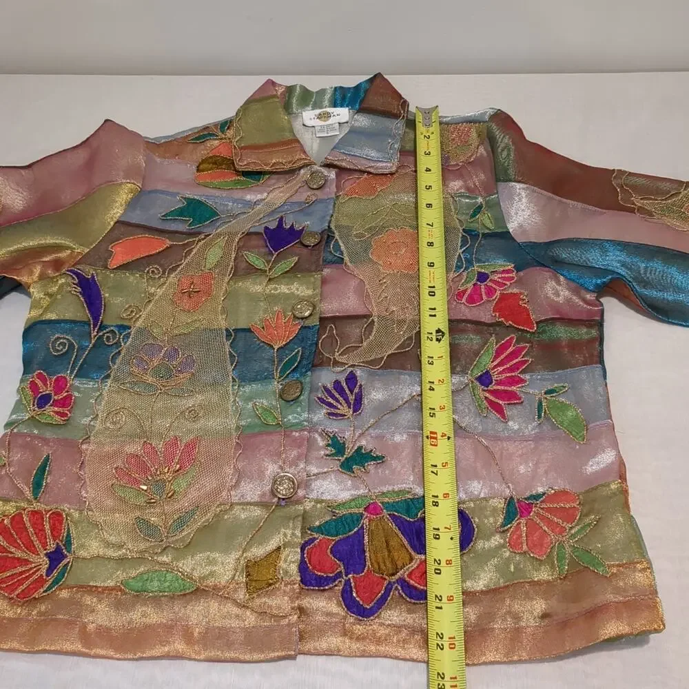 Sandy Starkman Womens S Sheer Colorful Boho Embroidered Floral Appliqué Jacket